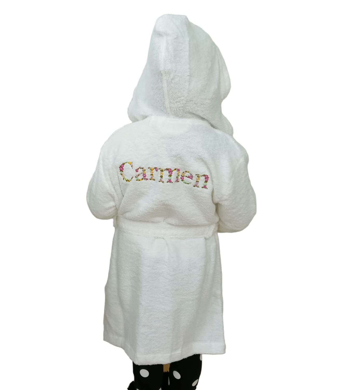 Nenel Albornoz infantil con bordado en flores - Albornoz unisex niño/niña nombre floral - Bata de baño rizo blanco absorbente.