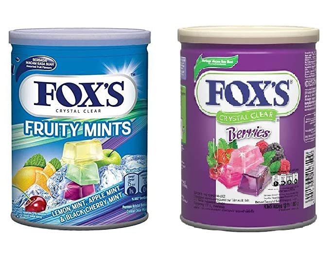 Fox's Candy Crystal Clear Variety Pack Assorted Flavour Berries, Wildberry, Raspberry, Black Cherry, and Fruity Mints, Lemon, Apple, Black Cherry Each Tin Contain 180g Pack Of 2 (Imported)