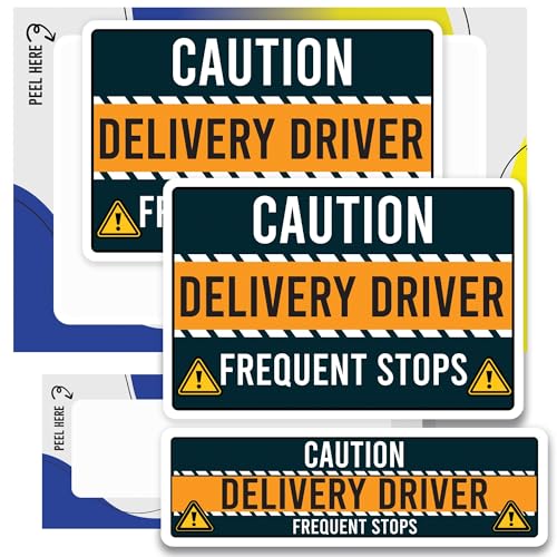 Image of Caution Delivery Driver Frequent Stops Bumper Sticker, 3 Pack, Adhesive Sticker for Vehicles, Two 12x8 inch and One 3x10 inch, Decal for Delivery Cars, Trucks, Van, Full-Color Print, Made in USA