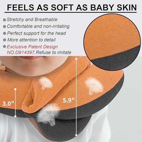 BUYUE Kids Travel Pillows for Airplane, 360° Head Support Sleeping Essentials for Boys Long Flight, Skin-Friendly Soft Neck Pillow for Traveling in Car Seat, (Small, Orange Grey, 40-90 lbs)