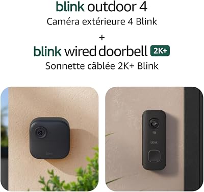 Blink Outdoor 4 and Wired Doorbell 2K+ (newest model) — Two-year battery 1080p cameras and 2K hardwired doorbell. Sync Module Core included — 3 Cameras + Doorbell (Black)