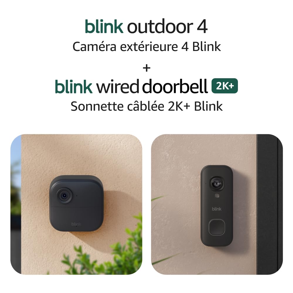 Blink Outdoor 4 and Wired Doorbell 2K+ (newest model) — Two-year battery 1080p cameras and 2K hardwired doorbell. Sync Module Core included — 2 Cameras + Doorbell (Black)