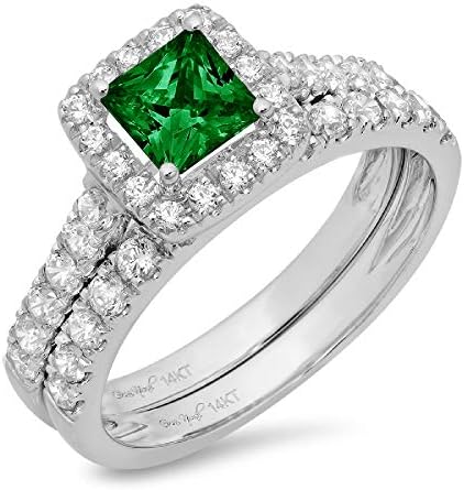 1.57ct Princess Cut Halo Pave Solitaire with Accent Flawless Simulated Green Emerald Designer Statement Classic Ring Band Set Solid 14k White Gold Size 7