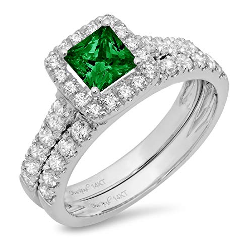 1.57Ct Princess Cut Halo Pave Solitaire With Accent Flawless Simulated Green Emerald Designer Statement Classic Ring Band Set Solid 14K White Gold Size 7 #TOP2