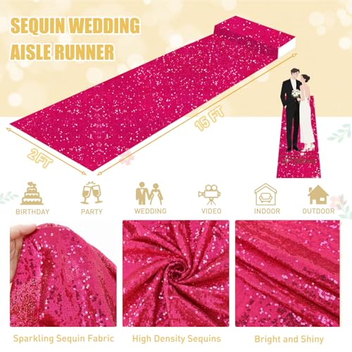 FUHSY Wedding Aisle Runner Rug Hot Pink Sequin Carpet Aisle Runner for Outdoor Wedding Ceremony Floor Runner Aisle Fuchsia Sparkle Wedding Walkway Runner for Outside Beach Bridal Shower Decorations - Thumbnail 2
