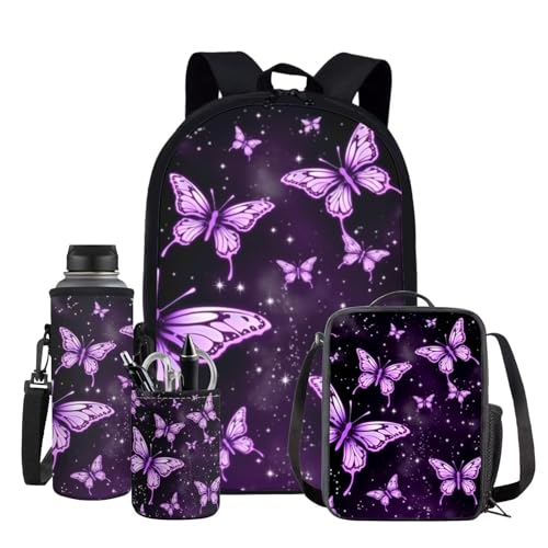 XXQGOMG Butterfly Backpacks for Girls 10-12 Kids Backpack Girlys Elementary School Casual Daypack Travel Rucksack with Lunch Bag Water Bottle Sleeve Round Pen Holder