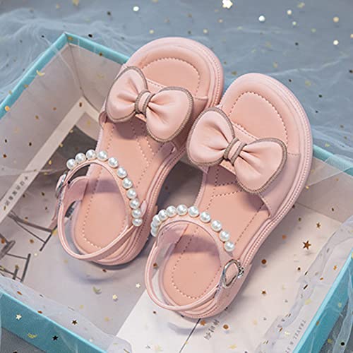Kids Girls Open Toe Strappy Dress Casual Flat Solid Drawstring Rome Sandals Pearl Bow Ankle Princess Shoes4