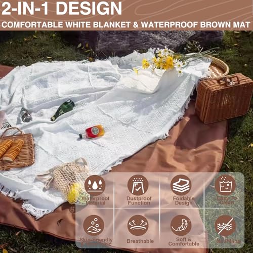 JOHAHTANG Waterproof Picnic Blanket, Foldable Extra Large Picnic Blankets, 2 In1 Double Layer 78x78 Mat + 70x70 Blanket, Machine Washable Portable Beach Blankets for Camping Party, Beach, Grass, Park