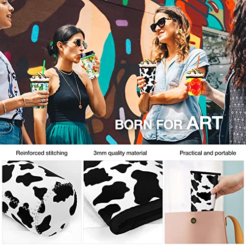 Iced Coffee Cup Sleeve for Large Sized Cups, Reusable Neoprene Iced Coffee Cup Holder for Hot Cold Drinks, Compatible with Starbucks, Dunkin Donuts, and More (Cow)