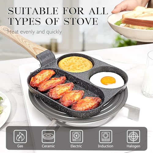 Image of GiPP Non Stick Egg Pan - 3 Section Breakfast Frying Pan, 3-In-1 Divided Grill Pan with Heat-Resistant Handle, 7.9 inch Omelette Pan Compatible with All Stovetops, PFOA Free, Grey
