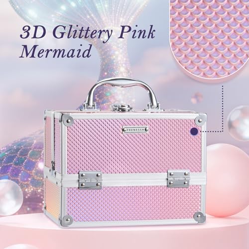 FRENESSA Makeup Train Case Portable Makeup Case Organizer Cosmetic Box Make Up Box Makeup Organizer Cosmetic Storage Cases with Locking Nail Kit Organizer Travel Case Mermaid Pink