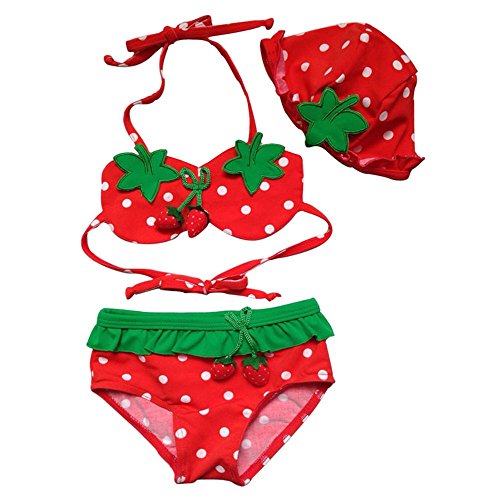 MEISHINE® Erdbeere Mädchen Baby Neckholder Bikini Set Bademode Badeanzug + Mädchen Kinder Badekappe (Size S 3T(1-2 Age)) Cover