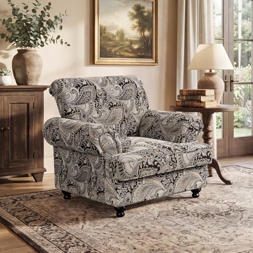 Image of Modern Accent Chair, Chenille Upholstered Armchair with Solid Wood Legs, Floral Pattern Single Sofa Chair for Living Room, Bedroom, Reading Room, Office