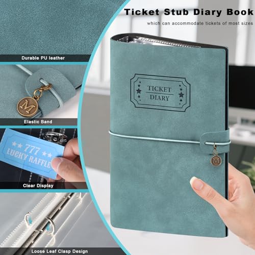 Image of Blue PU Leather Ticket Stub Diary 3 Hole Ticket Stub Holder Album 6 x 9 Inch Ticket Stub Organizer with 40 PVC Pockets 42 DIY Stickies 26 Letter Charms for Collect Movie Concert Tickets Receipts