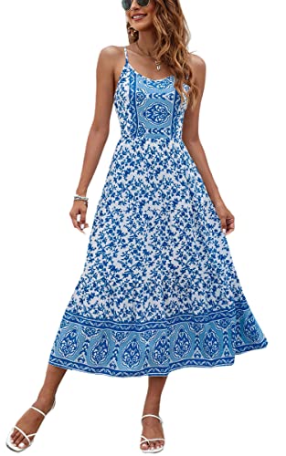 Image of Angashion Women's Dresses Floral Adjustable Spaghetti Strap V Neck Boho Long Maxi Dress Summer Beach Flowy Ethnic Sundress