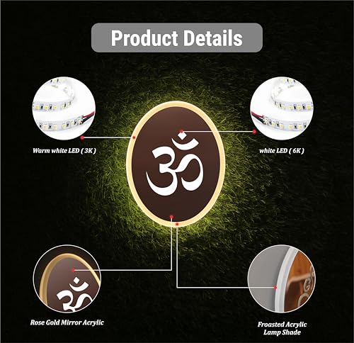 Image of Om Wall Light | LED Spiritual Wall Decor for Home Temple & Living Room Ideal for Puja Room | Warm White & White Glow | Rose Gold Mirror Acrylic | 23x18 cm