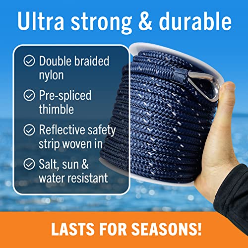 Image of Better Boat Premium Anchor Rope, 100 Ft Double Braided White Nylon Marine | Line, Reflective 3 /8 Inch Reel for Anchors and Boats, Navy Blue