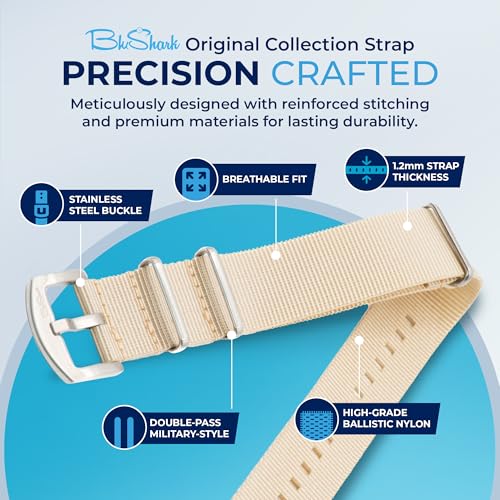 Image of BluShark - Original Collection Military-Style Waterproof Watch Strap, Fits All Timepiece Brands, Durable Nylon Wristwatch Accessories with Stainless Steel Buckle - 18mm, 20mm, 22mm & 24mm Watch Bands