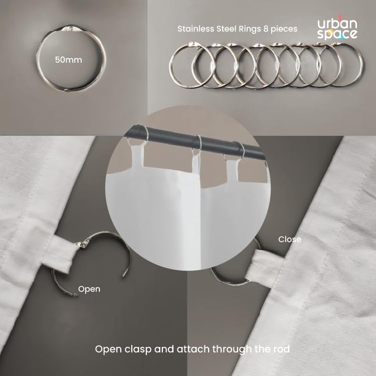 Image of Urban Space Cotton Curtain Lining for Door, White Door Sinlge Curtain Lining Panel 48 inch x 78 inch, Extra 50% Sun & Heat Blocking Curtains with 8 Steel Rings, 1 Peice (White, 7 Feet)