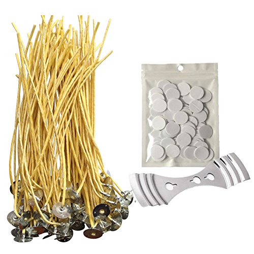 Homankit 8 Inch Hemp Candle Wicks, 100 Piece Pre-Waxed by 100% Natural Beeswax with Candle Wick Stickers and Candle Wick Centering Device for Candle Making