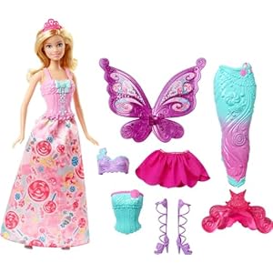Barbie Fairytale Doll, Dress-Up Set with Candy-Inspired Barbie Clothes and Accessories like Fairy Wings and Mermaid Tail