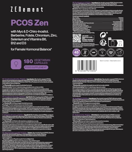 Myo-Inositol und D-Chiro-Inositol 40:1 - PCOS, Komplettformel für polyzystische Ovarien - Hormonelles Gleichgewicht und Stoffwechselunterstützung - 180 Vegetarische Kapseln - Zenement