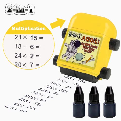 Kids Math Roller Stamps with 3 Refills for Fun, Aodili Multiply and Divide 2-in-1 Self-Inking Digital Questions Teacher Stamps Set for Children Practice,Homework,Teacher Supplies (Yellow)