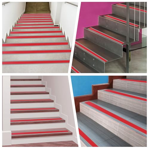 Antirutschstreifen, Rutschfeste Treppenstreifen Selbstklebend, PVC Wasserdicht Außen Innen Antirutsch Streifen für Treppen und Rutschige Böden, Treppenkantenprofil (Rot)