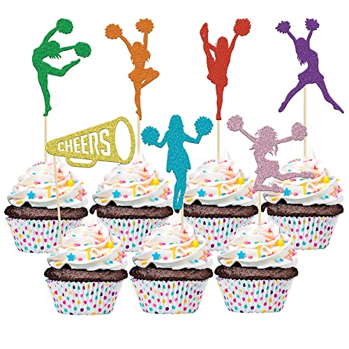 Gyufise 28 Stück Cheerleader-Cupcake-Aufsätze, bunt, glitzernd, Cheerleader-Silhouette, Zahnstocher, Turniere, Mädchen, Kuchendekoration, Dekoration für Fitnessstudio, Babyparty, Geburtstagsparty Cover