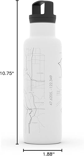 Miniatura 4 de Well Told Botella de agua aislada con mapa de Seattle Washington grabado, botella de acero inoxidable grabada (21 onzas, blanco) botella aislada de