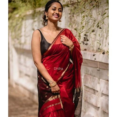 Image of Original Maheswari Cotton Silk Saree for Women | Kanjivaram Pure Silk Cotton Sari with Blouse | Zari Work | Tassels | Handloom Weave