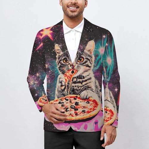 Cat Eating Pizza Men's Slim Suit Long-Sleeve Prom Tuxedo Classic Two Button Business Jacket2
