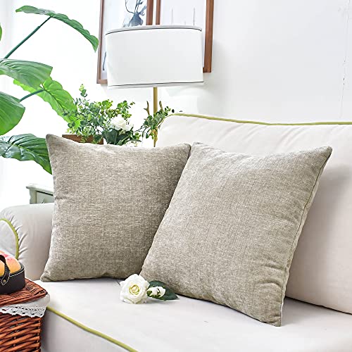 Image of CaliTime Pack of 2 Cozy Throw Pillow Covers Cases for Couch Sofa Home Decoration Solid Dyed Soft Chenille 12 X 12 Inches Light Taupe