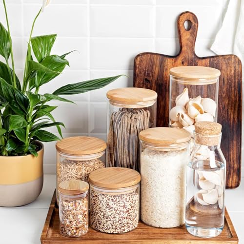 Image of MARTVIA Glass Food Storage Jars with Bamboo Lids 350ml Set of 4, Wide Mouth Lid Jar for Home Kitchen,Flour, Sugar, Coffee, Pasta, Oats, Grains, Cookies, Snacks (Round 350 ML Jar, SET OF 4)