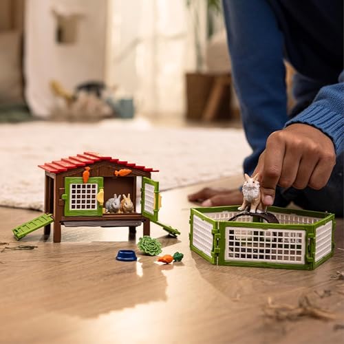 SCHLEICH Farm World - 8 PC Rabbit Hutch Playset with Animal Figures - Realistic Rabbit Play Set with Mother and Baby Bunny Figurines for Girls, Boys - Imaginative Play Animal Toys for Kids 3+ | 42420