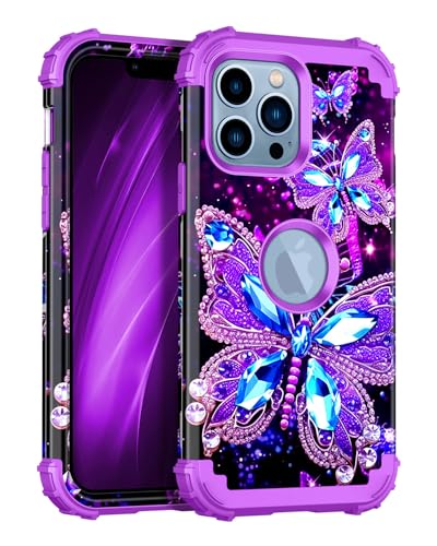 Miqala for iPhone 13 Pro Max Case,Glow in The Dark Three Layer Heavy Duty Shockproof Full Body Protection Hard Plastic Bumper+Soft Silicone Case for Apple iPhone 13 Pro Max 6.7 inch,Dark Butterfly