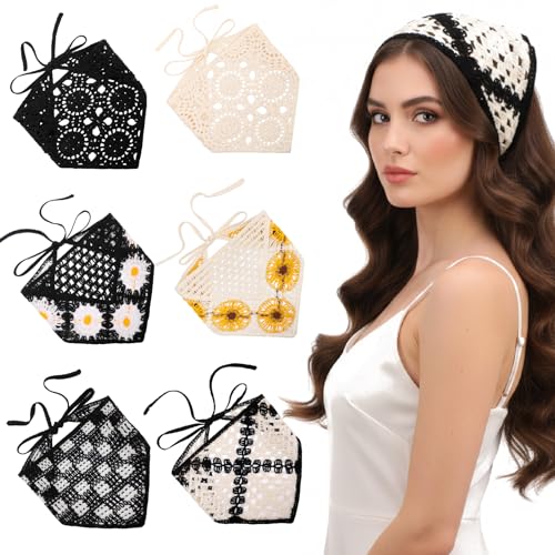 JATEBI 6 Pieces Hair Bandanas Crochet Head Scarf Women Knit Bandana Vintage Headband Scarf Tie-Back Head Coverings Floral Daisy Headscarf for Girls(Black)