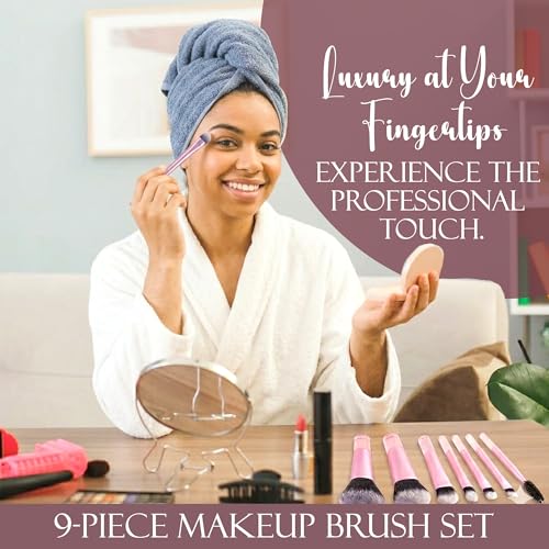 Image of GLUN 10in1 Diff Use Mini Makeup Brush Set, Travel Transparent Pink Professional Brushes for Foundation, Concealer, Blush, Highlighter & Eye Makeup