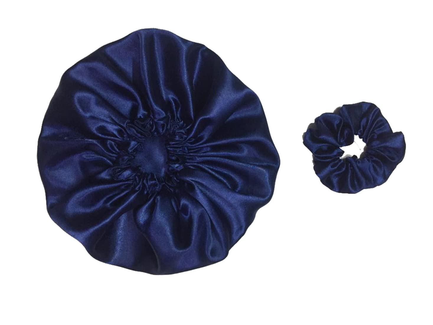 NNR Satin Silk Premium Sleeping Caps, Double Layered Stretchable Hair Bonnets & Hair Scrunchies for Girls, for All Head Size, Set of 2 Pcs Navy Blue