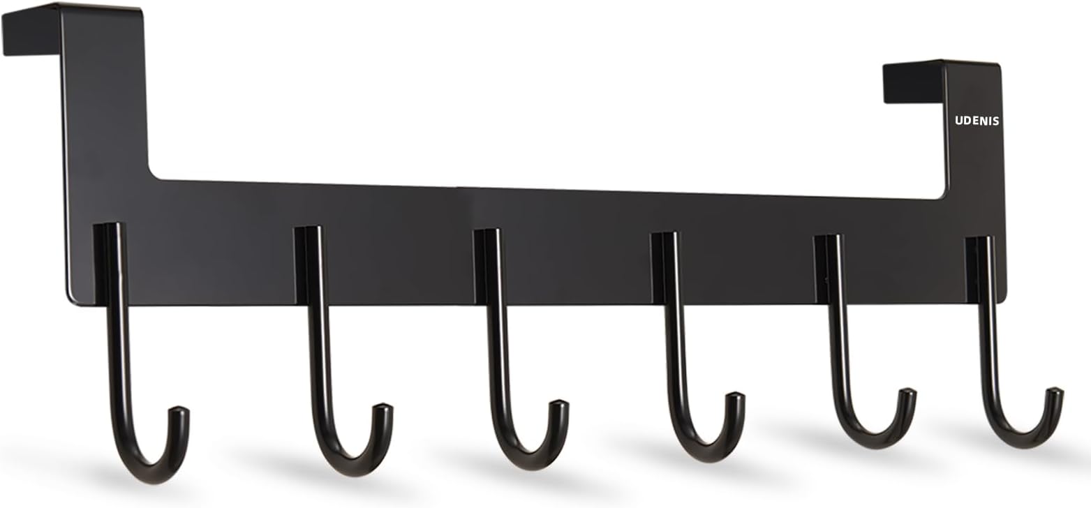 Over Door Hanger, Aluminum Over The Door Towel Rack Hooks with 6 Hook for Hanging Towel Robe Coat Bathroom Bedroom, Towel Rails, Metal Black
