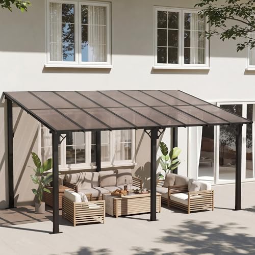 Image of 10' x 16' Lean to Gazebo Pergola, Hardtop Gazebo Metal Large Galvanized Steel Wall Mounted Pergolas on Clearance with Polycarbonate Roof, Awnings, Patio Canopy for Backyard, Deck, Porch