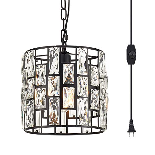 YLONG-ZS Vitage Pendant Light Plug in Cord and Chain，Crystal Hanging Lamp Black,Swag lamp Plug in 16.4 FT Cord for Kitchen Island,Living Room, Dining Room YL20-Black