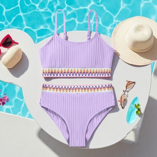 Image of Girls Swimsuit Two Piece Teen Bathing Suit High Waist Textured Bikini Set Woven Girls Swimwear 9-16Y