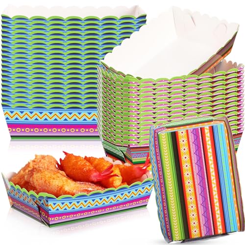 50 Pcs Mexican Paper Food Trays Fiesta Nacho Trays Disposable Mexican Plates Hot Dog Popcorn Snack Boat for Taco Tuesday Day of The Dead Party Supplies Decorations(Stripe)
