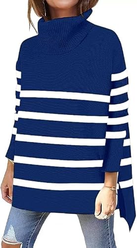 OU MgCE FAST FASHION Oversized Fall Maternity Sweater, Women's Fall Turtleneck Sweaters Long Sleeve Split Hem Casual Asymmetric Pullover Tunic Knit White Striped Tops NavyOffWhiteStripe XL