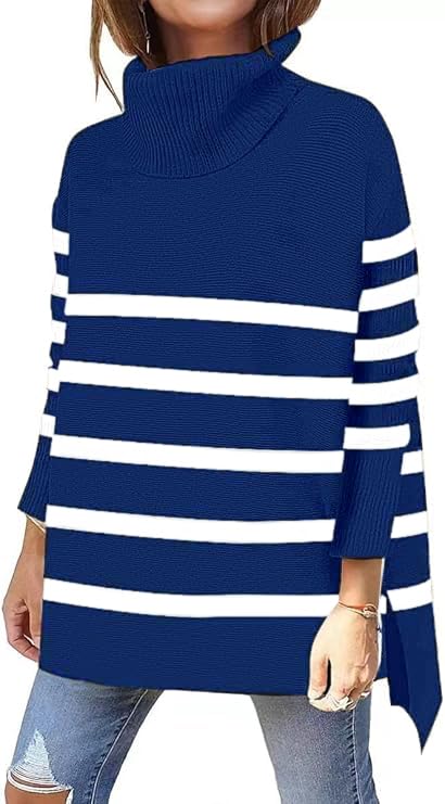 Image of Women's Turtleneck Oversized Sweaters Long Sleeve Split Hem Striped Knit Pullover Tops