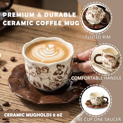 Taza con platillo vintage floral cerámica 8 oz miniatura 5