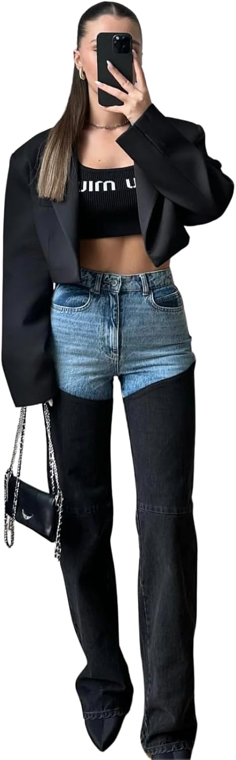 PIRAL Women's Bicolor Chap Jeans – High-Rise Straight Fit, Two-Toned Denim (Blue/Black), 100% Cotton, 33” Inseam