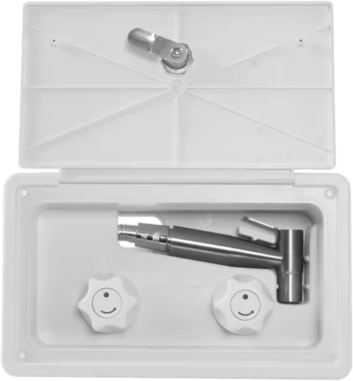 RV Exterior Shower Box Kit, White Lockable Leakproof 1.5M Metal Hose with Water-Saving Nozzle Outdoor Shower for Camper Trailer Motorhome