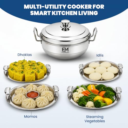 Image of Stainless Steel Idli maker Induction Bas Idli Cooker /Momo Maker /Multi Kadai /Steamer Set|Large Plates 2 Idli|2 Dhokla|1 Steamer|28cm - 4 Ltr, 3.0Kg | 3-Layer Thick Bottom | Gas & Induction Friendly